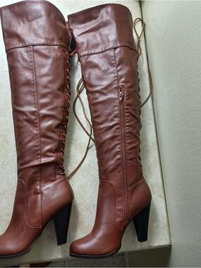 Shoe Dazzle Brown Over-the-Knee Lace-Up Heeled Boots